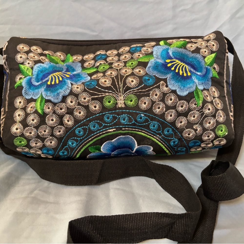 Embroidered Floral Black Shoulder Bag